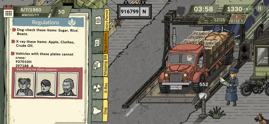 Black Border 2 Lite - Captura de pantalla del juego que muestra las regulaciones de patrulla fronteriza y un camión en un puesto de control de inspección