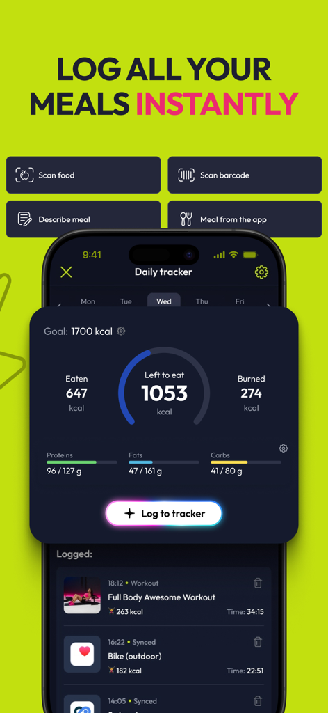Resilient: strength workouts - Mobile interface of the Resilient app showing a daily meal tracker with calorie goals macro distribution and nutrition logging options