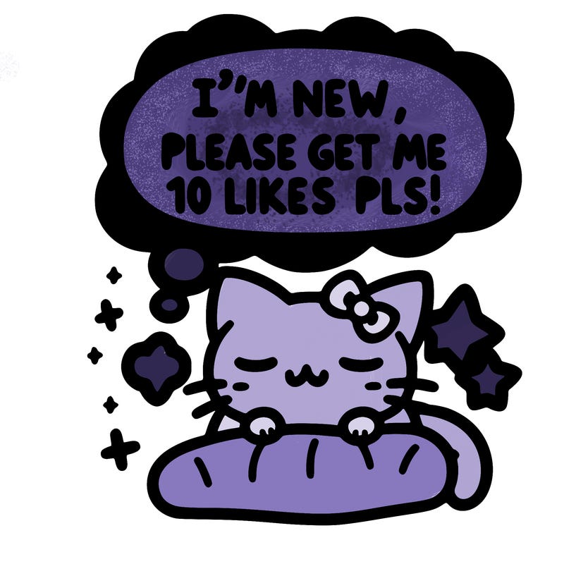kitty taking a nap dream talking and saying "i'm new, please get me at least 10 likes pls!!"