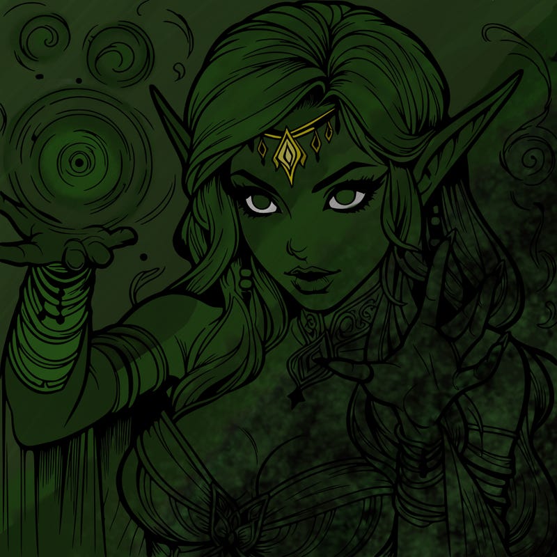 realistic scary beautiful elf sorceress casting spell