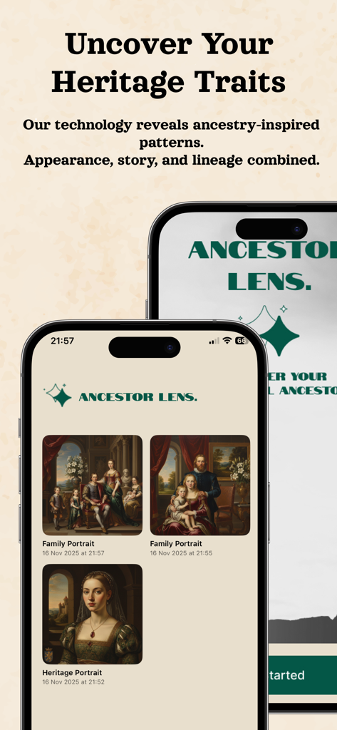 Ancestor Lens: Ancestry & DNA - Interfaz de la aplicación Ancestor Lens que muestra retratos familiares y de herencia generados por IA