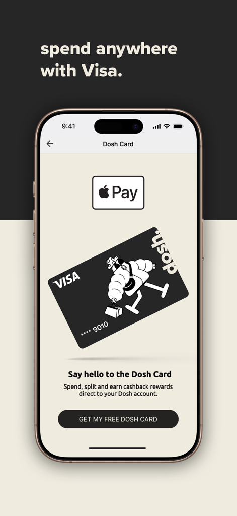Dosh - Dosh app screen showcasing the black Visa card and Apple Pay integration