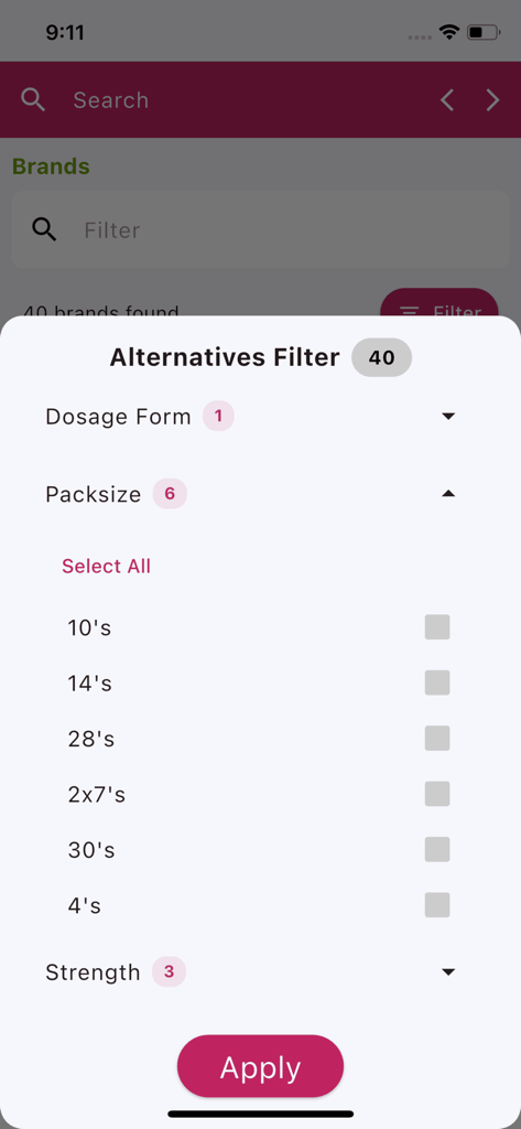 PharmaGuide - PharmaGuide app interface showing the drug alternatives filter with options for pack size and strength