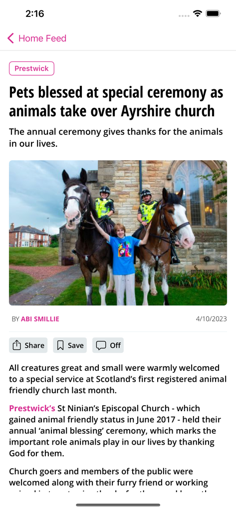A news article in the Ayrshire Live app about a pet blessing ceremony at a church in Prestwick featuring police horses