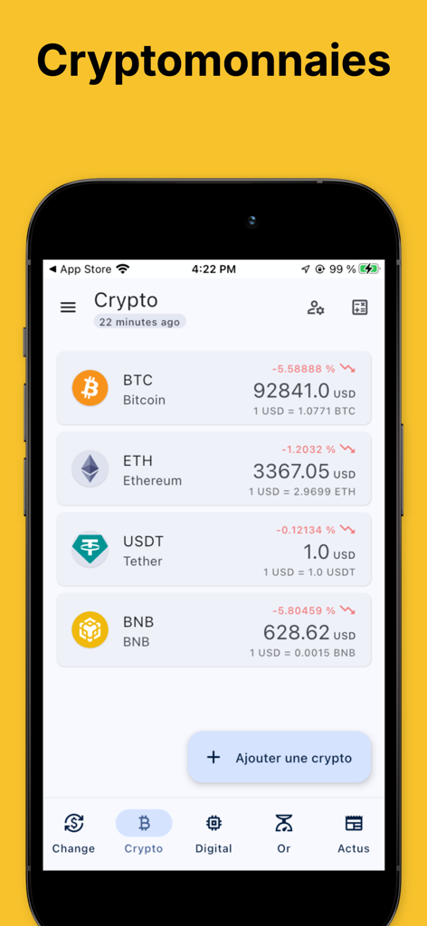 Mobile app interface displaying real-time cryptocurrency exchange rates for Bitcoin and Ethereum
