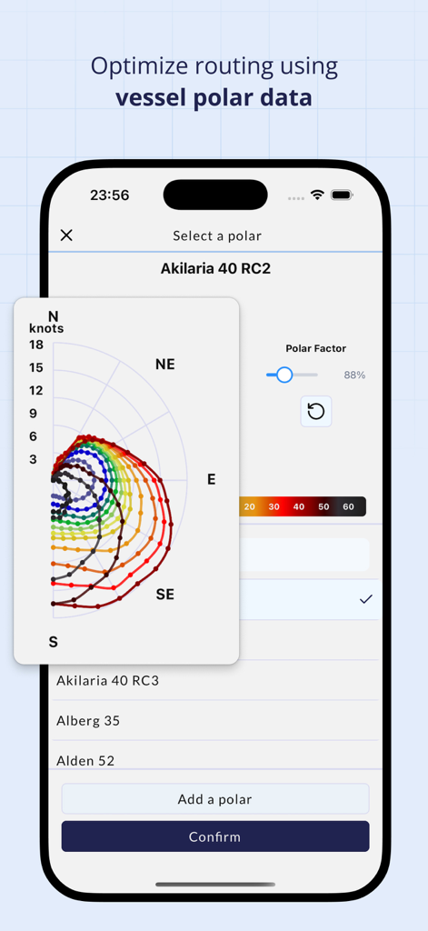 Squid Mobile - Vessel polar data selection screen in Squid Mobile app for routing optimization