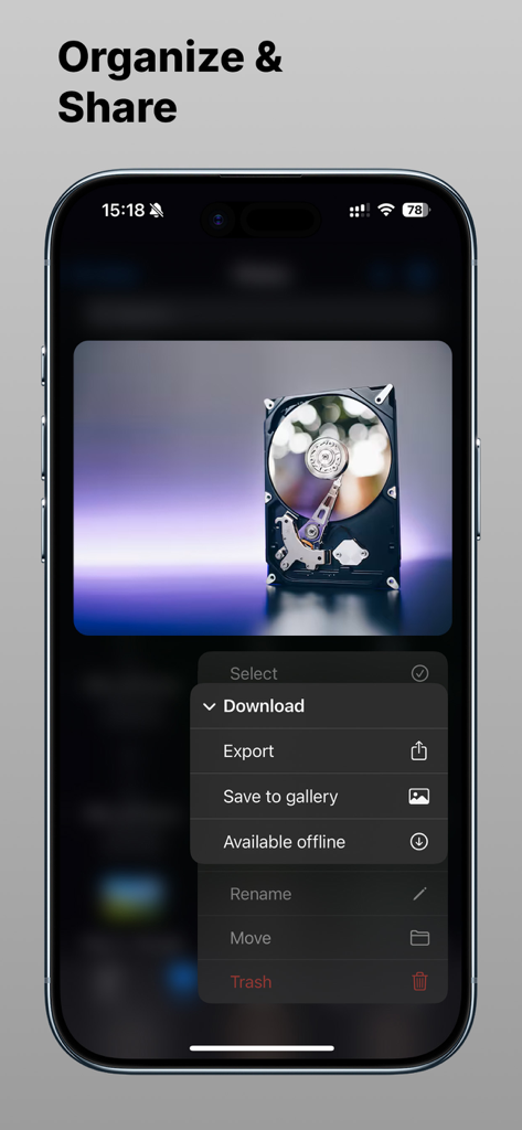Filen app interface showing file management options including download and export in dark mode