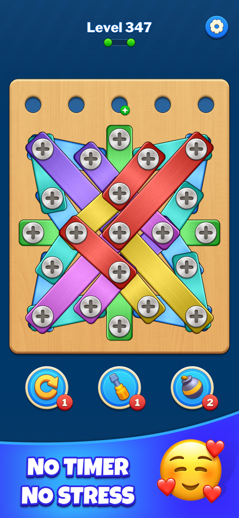 Gameplay of Screw Sort showing colorful metal bars secured with bolts on a wooden board