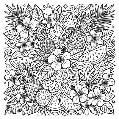 Immerse yourself in the vibrant energy of summer with this intricate botanical decor coloring page. Featuring a lush array of tropical flowers, exotic fruits, and lively patterns, it promises a delightful and relaxing creative escape.