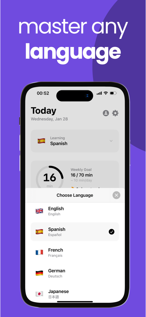 Shadow-Speak&Practice Language - Interface do aplicativo Shadow-Speak exibindo opções de idioma e progresso diário de prática.