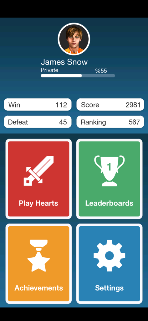 Main menu of Hearts card game showing user profile stats and navigation buttons