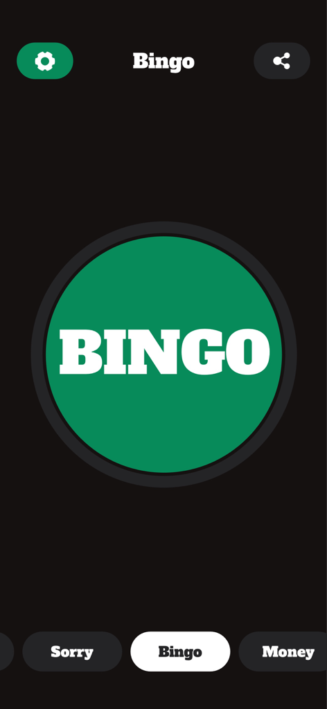 A large green Bingo button displayed on a mobile soundboard app screen with navigation icons.