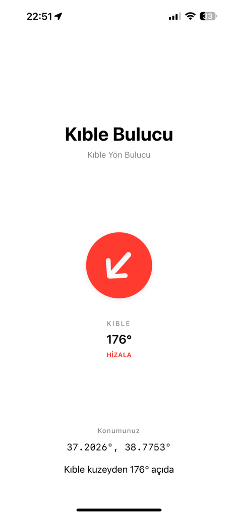 Mobile app screen showing the Qibla direction with a red compass arrow and geographic coordinates