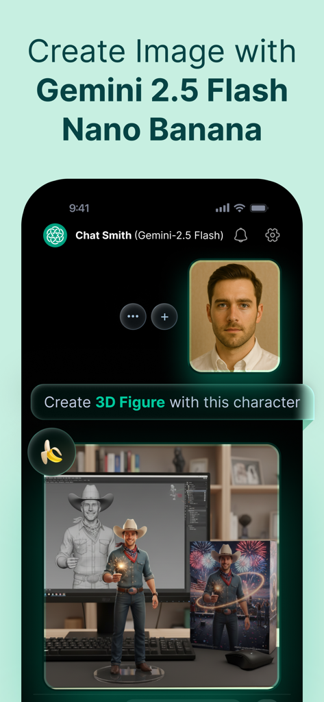A screenshot of Chat Smith app generating a 3D figure from a photo using Gemini AI.