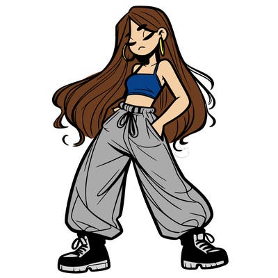 girl in baggy pants crop top and long hair