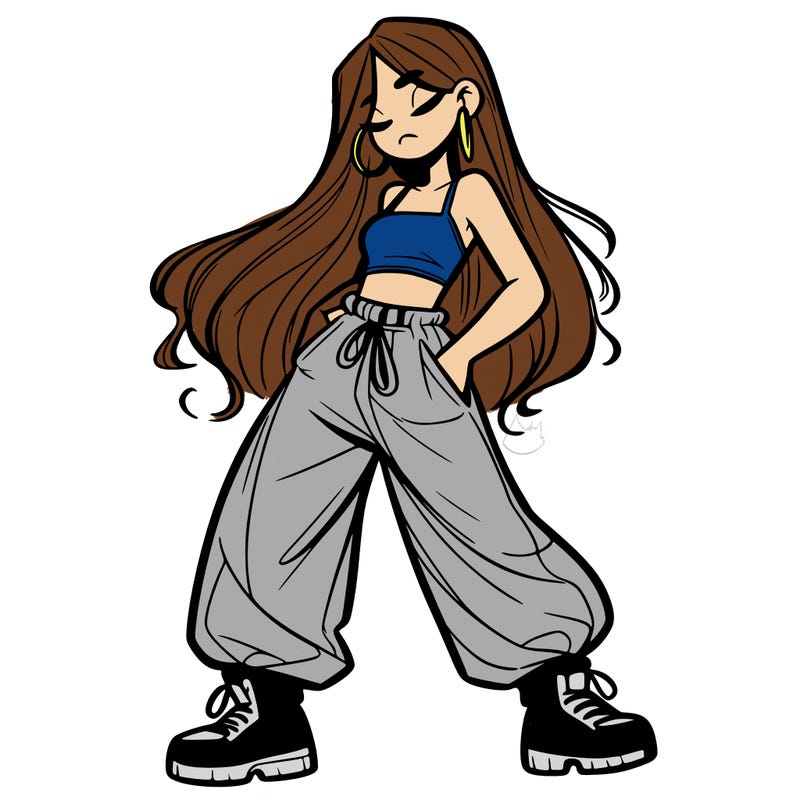 girl in baggy pants crop top and long hair