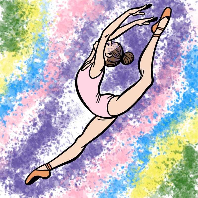 gymnast doing a leap in a leotard with a bent back leg