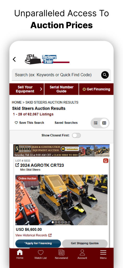 MachineryTrader mobile app interface showing skid steer loader auction listings and pricing