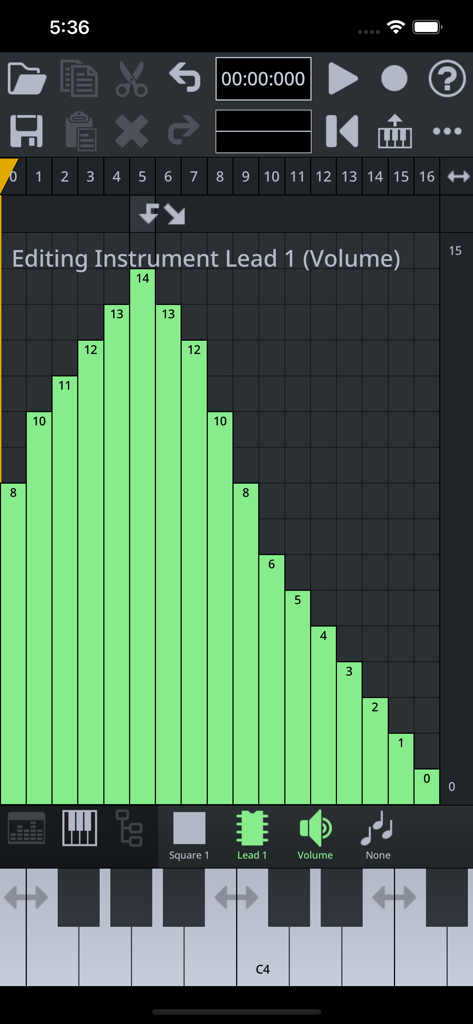 FamiStudio - FamiStudio mobile app interface showing volume envelope editing for an 8-bit instrument