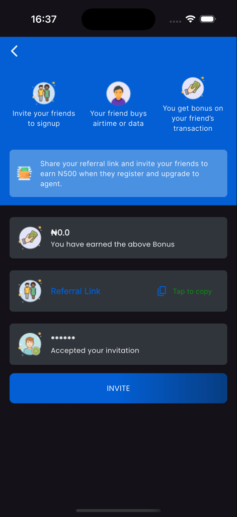 Cool Data Plug: Cheap Data - Referral program screen of the Cool Data Plug app showing how to earn bonuses by inviting friends to sign up.