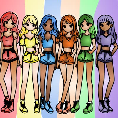 a group of girls wearing crop tops and shorts