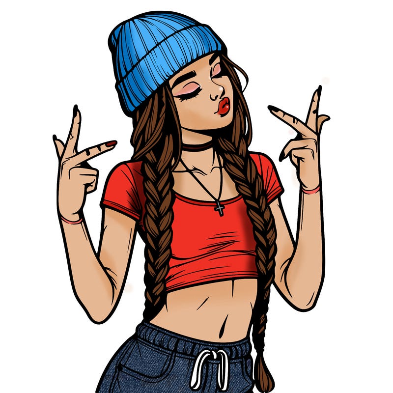 realistic teenage girl with braids and a beanie and crop top doing 🫶🏼