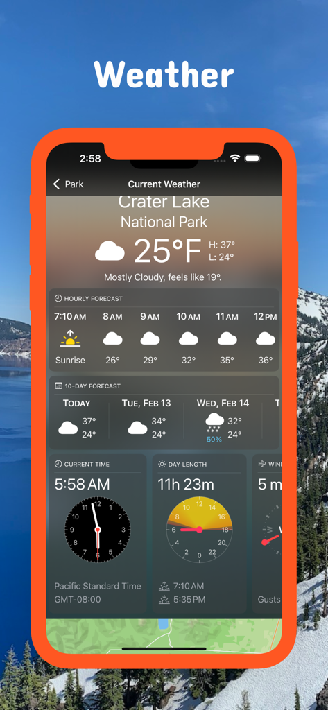 Oregon Pocket Maps - Current weather and forecast for Crater Lake National Park on the Oregon Pocket Maps app interface