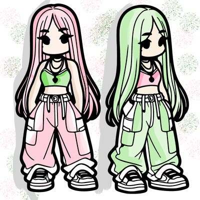 girl in baggy pants crop top and long hair