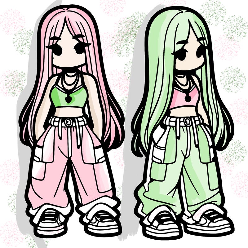 girl in baggy pants crop top and long hair