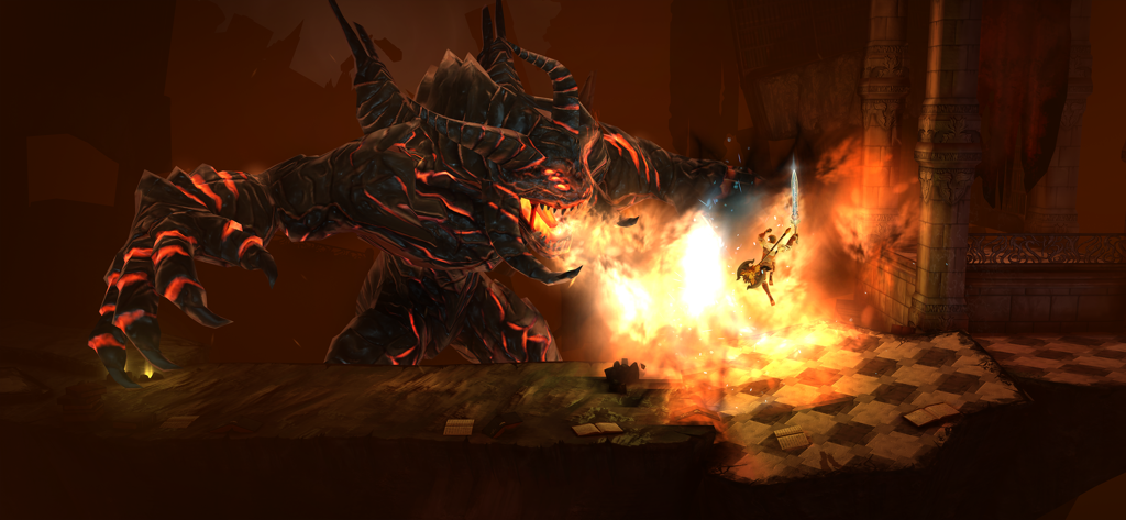 A warrior jumps to attack a massive fiery demon boss in Grimvalor.