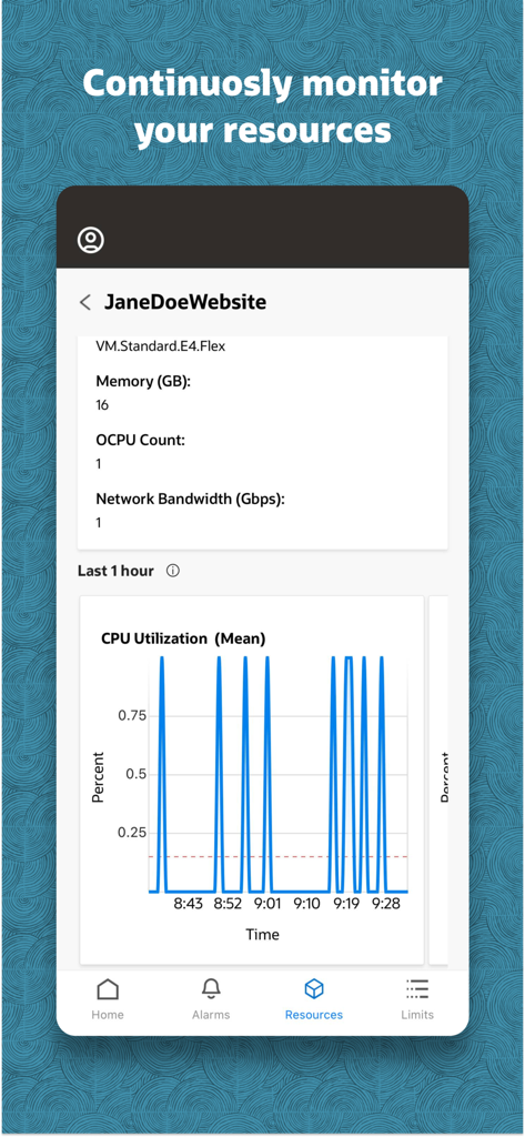 App mobile Oracle Cloud Infrastructure che visualizza metriche di utilizzo della CPU e dettagli delle risorse per una macchina virtuale