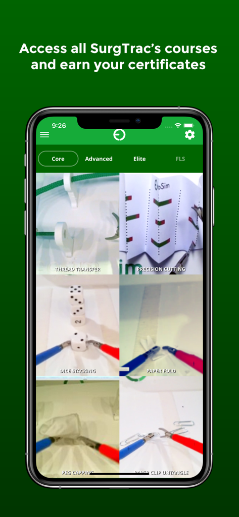 SurgTrac app showing surgical training courses including precision cutting and dice stacking modules