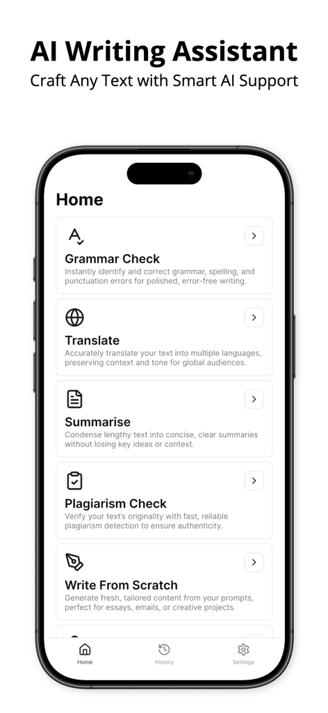 Home screen of the AI Writing Assistant app showing features for grammar checking, translation, summarization, and plagiarism detection.