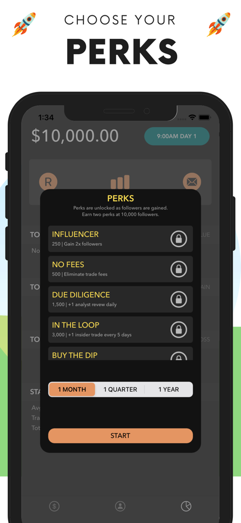 Una lista de ventajas de trading desbloqueables en el menú de la aplicación Day Trader Stock Simulator