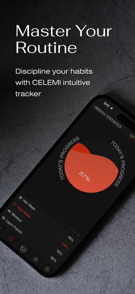 CLM Discipline guide - Interfaz de la aplicación móvil Guía de Disciplina CLM que muestra el progreso de hoy en un 87 por ciento con una lista de hábitos diarios