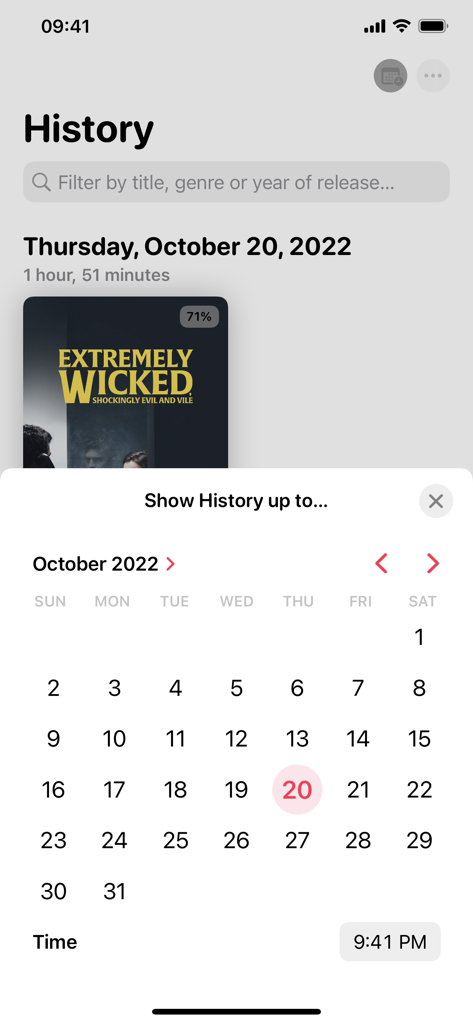 Popcorn Movies - Una superposición de calendario en la pantalla de historial de la aplicación Popcorn Movies utilizada para seleccionar fechas de visualización específicas.