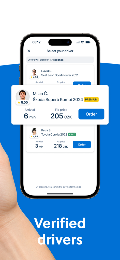 Liftago: Travel safely - Liftago app interface showing a selection of verified drivers with their ratings and car types