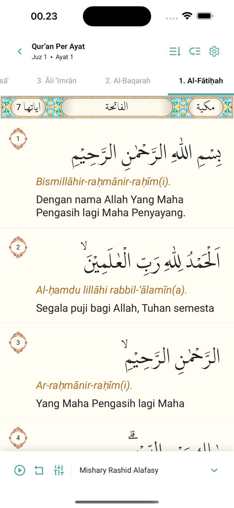 Quran verses with Indonesian translation and transliteration in the Islampedia app