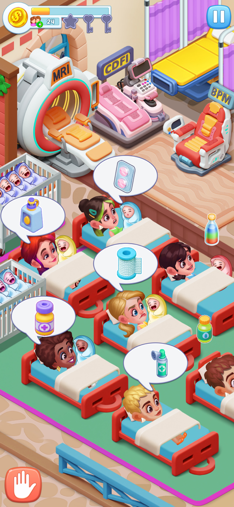 医療病棟で母親と赤ちゃんが表示されている病院管理のゲームプレイ
