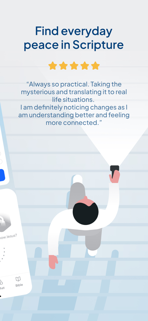 Pantalla de la aplicación Duomo con una reseña de usuario de cinco estrellas sobre cómo encontrar la paz en la lectura diaria de las Escrituras.