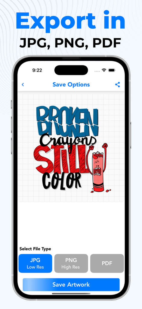 Sublimation Designer Printer ! - Pantalla de exportación de la aplicación de sublimación que muestra opciones de guardado JPG, PNG y PDF para diseños personalizados
