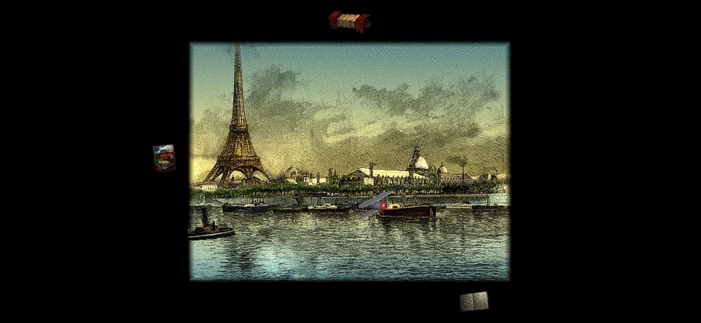 ルル - Una ilustración texturizada de estilo vintage de la Torre Eiffel y el río Sena en París de la aplicación de cuento interactivo Lulú.