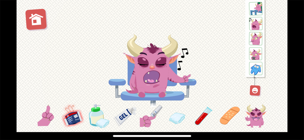 Prik! - Um personagem de monstro rosa em uma cadeira médica cercado por ferramentas de coleta de sangue no aplicativo Prik