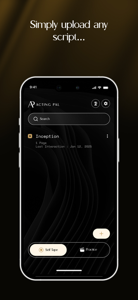 Acting pal: Learn lines - Acting Pal app dashboard displaying an uploaded script titled Inception with navigation for practice and self tape modes