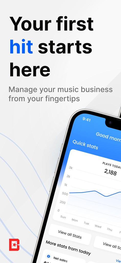 BeatStars Studio: My Media - Smartphone mostrando la app BeatStars Studio con análisis de negocio musical y gráfico de reproducciones de pistas