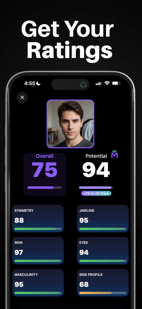 Mogged app interface showing AI facial analysis ratings for jawline symmetry and skin quality.