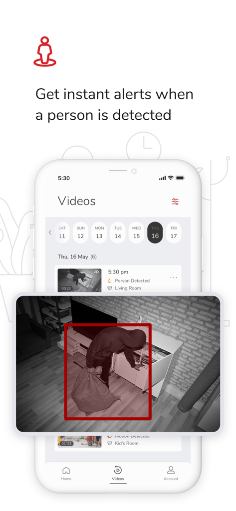 Airtel Xsafe - Airtel Xsafe app interface showing an AI person detection alert with a red bounding box around an intruder