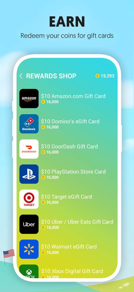 Winwalk - Get Paid To Walk - Winwalkアプリの報酬ショップ画面。AmazonやWalmartなどの主要小売店の様々なギフトカードが表示されています。