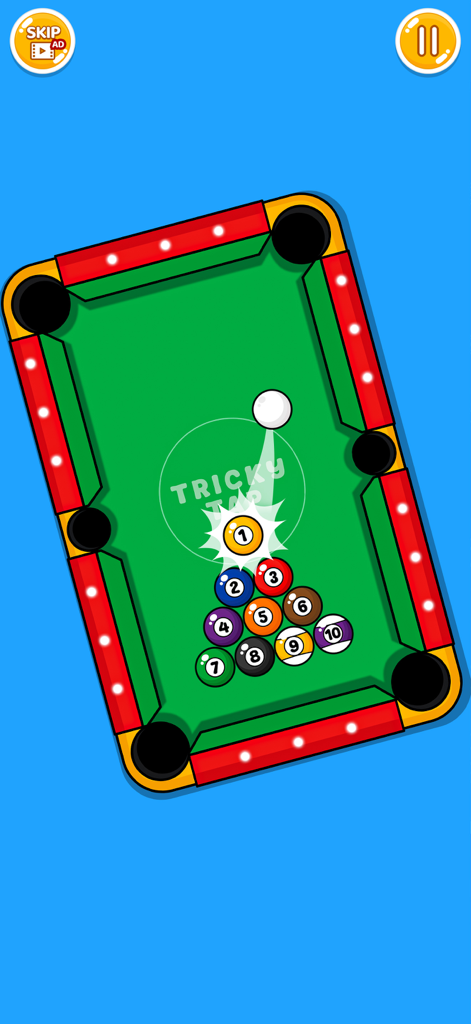Tricky Tap - Finger Challenges - A colorful mini game level featuring a pool table with numbered balls and a cue ball in motion