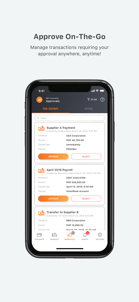 Interface de aprovação de transações comerciais no aplicativo móvel UnionBank O Portal